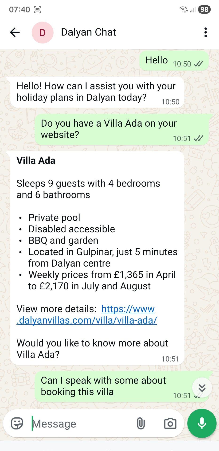 Client Catcher responding on WhatsApp for Dalyan Villas